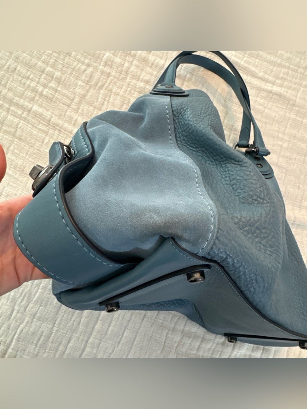 Coach Edie 42 Buffalo-Embossed Mixed Leathers Blue Large Shoulder Bag - Picture 12 of 16